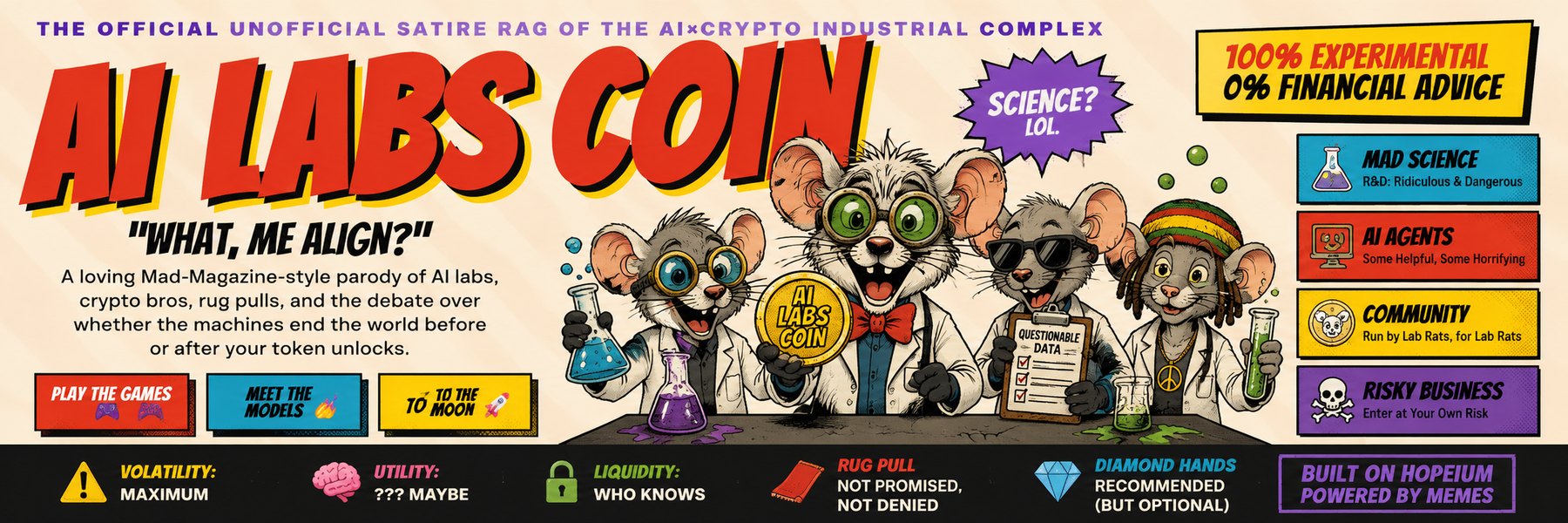 AI Labs Coin — a Mad-Magazine-style parody of AI labs and crypto. Lab rats in white coats holding beakers and an AI Labs Coin.